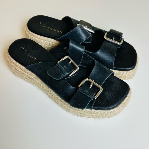 By Anthropologie Double Buckle Platform Sandals in Black Size 8 - Picture 3 of 7